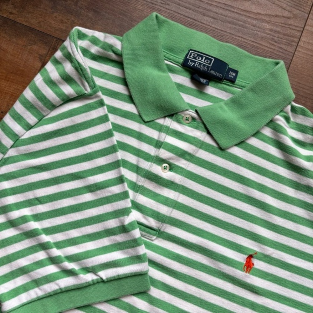 Polo Ralph Lauren Sz 1XB Green White Striped Orange Pony Short Sleeve Polo Shirt